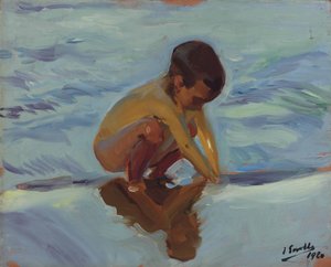 Controluce sulla spiaggia, bambino accovacciato da Joaquín Sorolla